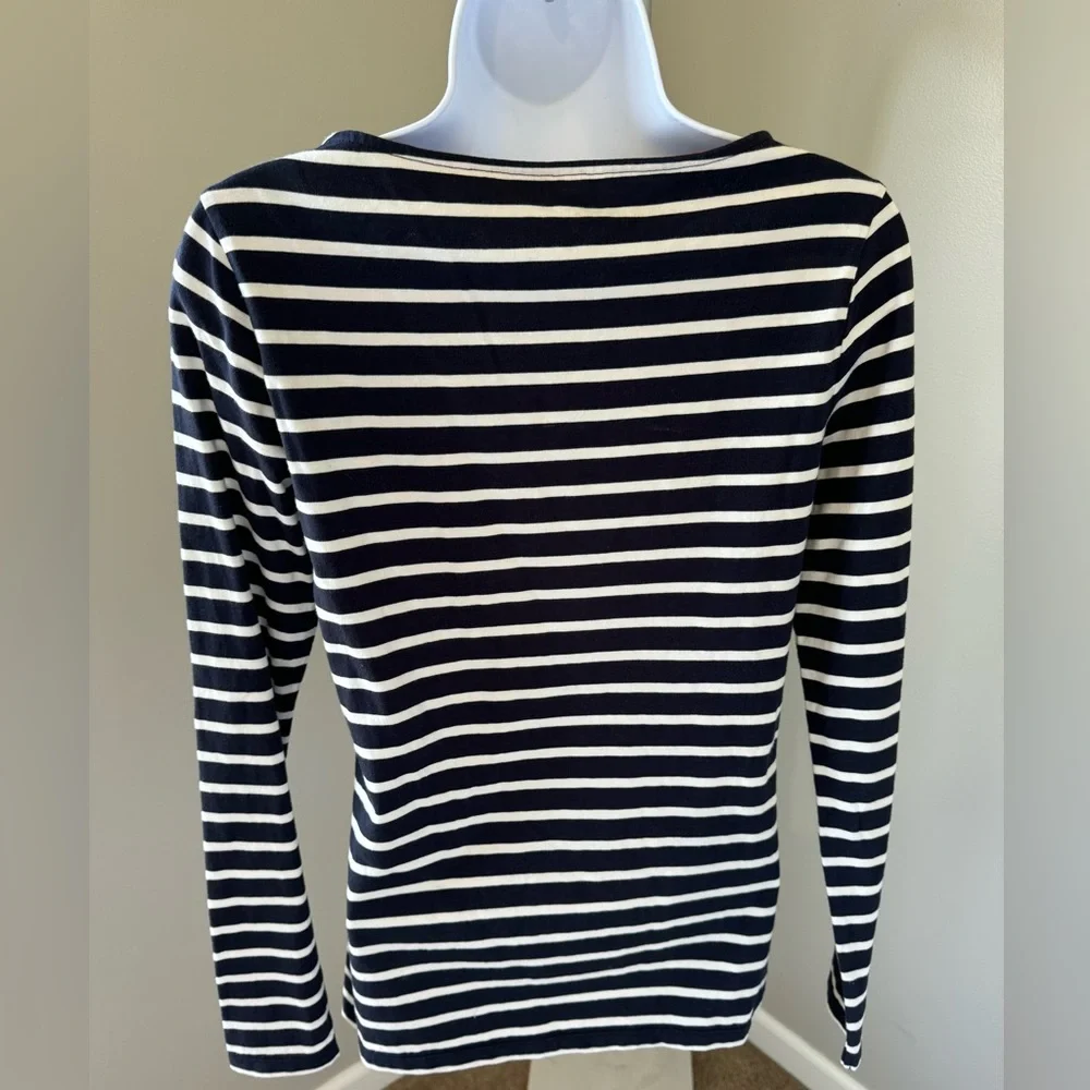 Boden Size 2 Long Sleeve T-Shirt Navy Blue‎ White Stripe Ruffles Scoop Neck Top - Picture 4 of 5